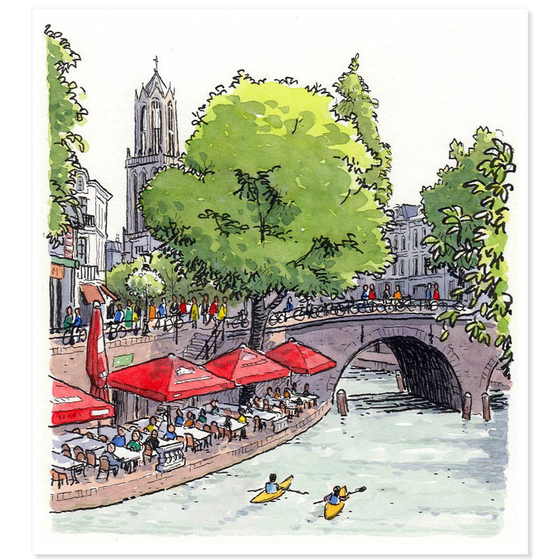 Oudegracht met terras, Utrecht (origineel aquarel) - Catch Utrecht